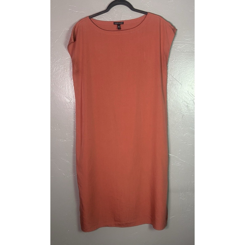 Eileen Fisher coral-pink sleeveless silk shift dress relaxed S/P Tencel Blend